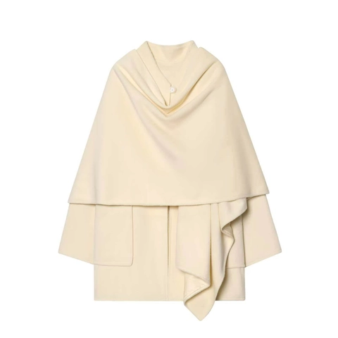 Women's Elegant Wool Blend Cape Coat Tiered Layered Overcoat With Stand Collar Single Button Cream White Warm Poncho Jacket