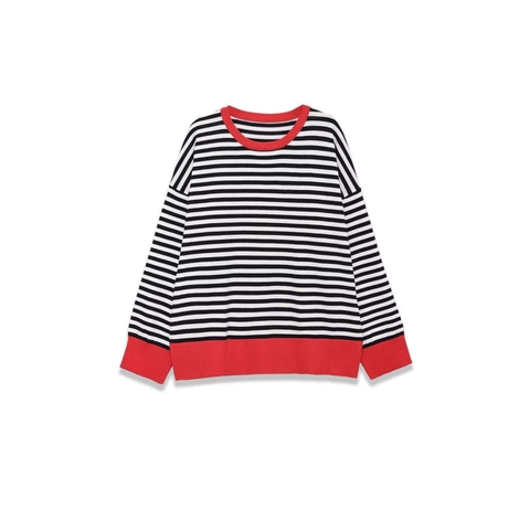 Pull Rayé pour Femmes Tricoté Col Rond Manches Longues Finition Bord-Côte Contrastée Pullover Automne Hiver Tricots Hauts