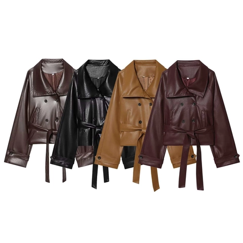 Fashion Women Faux Leather Jacket Double Breasted Short PU Coat With Tie Belt Retro Lapel Lantern Sleeve Casual Outerwear