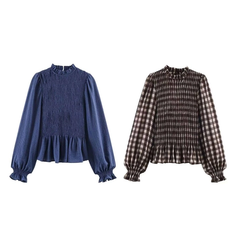 Blusa Fruncida de Cuadros Gingham Color Sólido Retro para Mujer Adorno de Volantes Manga Larga Cuello Redondo Manga Burbuja Top Moda