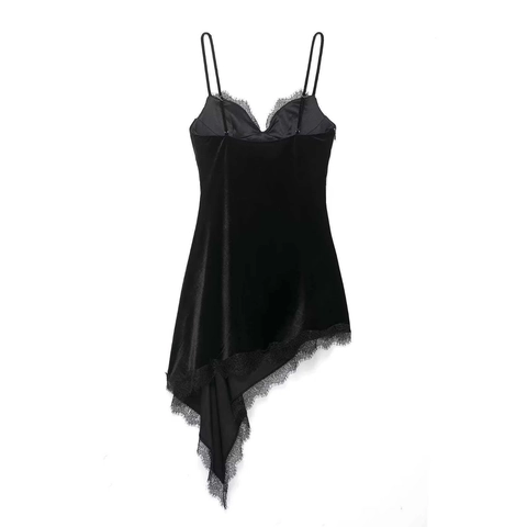Damen Sexy Samt Spitze Patchwork Trägerkleid Asymmetrischer Saum V-Ausschnitt Gerafftes Midi Bodycon Kleid Elegante Abendparty Gown