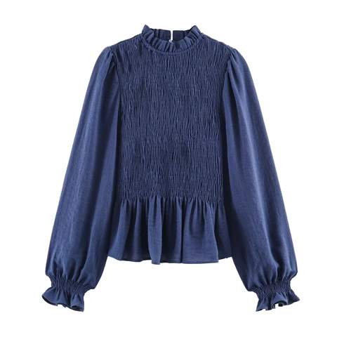 Blusa Fruncida de Cuadros Gingham Color Sólido Retro para Mujer Adorno de Volantes Manga Larga Cuello Redondo Manga Burbuja Top Moda