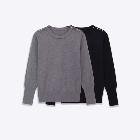 Dames Casual Ronde Hals Lange Mouwen Gebreide Trui Schouder Knoop Decoratie Effen Kleur Pullover Top Elegante Gebreide Kleding