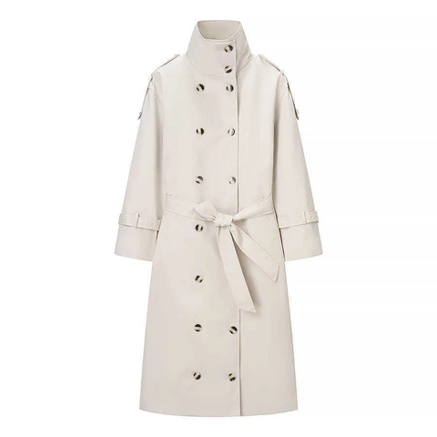 Women Elegant Double Breasted Trench Coat Long Windbreaker With Belt Stand Collar Solid Color Autumn Fashion Outerwear