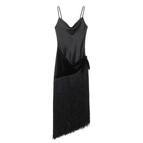 Dames Zwart Satijn Watervalhals Franje Jurk Asymmetrische Tassel Zoom Fluwelen Strik Sexy Party Avondjurk