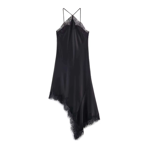 Women Sexy Black Satin Halter Maxi Dress With Eyelash Lace Trim Asymmetric Hem Elegant Backless Summer Party Long Dress