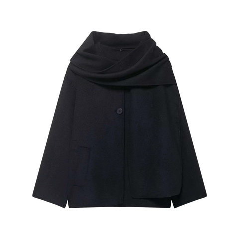 Cappotto Donna con Collo a Sciarpa Misto Lana Casual Largo Lunghezza Media Autunno Inverno Capispalla Giacca con Tasca Monopetto Soprabito Elegante