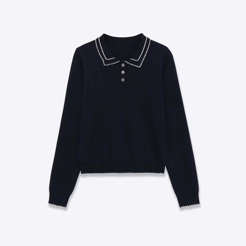Femmes Chandail en Tricot Bleu Marine à Bord Festonné Bordure Contrastée Manches Longues Col Polo Bouton Pull Décontracté Haut Doux