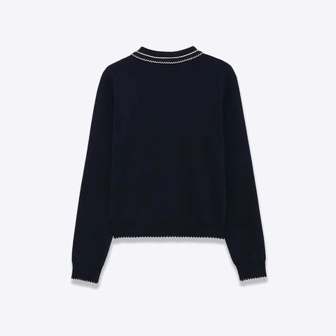 Femmes Chandail en Tricot Bleu Marine à Bord Festonné Bordure Contrastée Manches Longues Col Polo Bouton Pull Décontracté Haut Doux