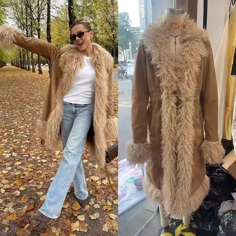 Trench da Donna Kaki Patchwork in Pelliccia Ecologica Elegante Soprabito Medio-Lungo in Pelle Scamosciata Con Tasche Capispalla Casual Invernali