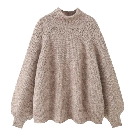 Pull Femme Décontracté Couleur Avoine Ample Col Montant Manches Bouffantes Longues en Maille d'Alpaga Brossée Douce