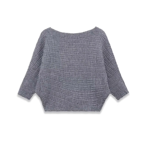 Suéter de Punto Casual para Mujer Textura Geométrica Cuello Redondo Manga Acampanada Gris Pullover Top de Moda de Otoño