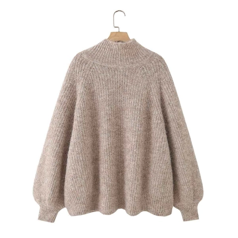 Pull Femme Décontracté Couleur Avoine Ample Col Montant Manches Bouffantes Longues en Maille d'Alpaga Brossée Douce