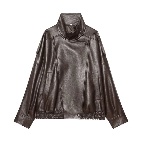 Vintage Women Faux Leather Jacket Stand Collar Loose Fit Long Sleeve Chic Moto Outerwear With Pockets Solid Color Casual