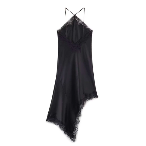 Women Sexy Black Satin Halter Maxi Dress With Eyelash Lace Trim Asymmetric Hem Elegant Backless Summer Party Long Dress