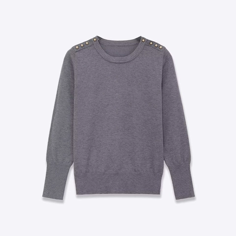 Dames Casual Ronde Hals Lange Mouwen Gebreide Trui Schouder Knoop Decoratie Effen Kleur Pullover Top Elegante Gebreide Kleding