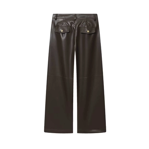 Pantaloni a Gamba Larga in Ecopelle a Vita Alta da Donna Vintage Marrone Scuro Dritti in Pelle PU per Pendolarismo Casual