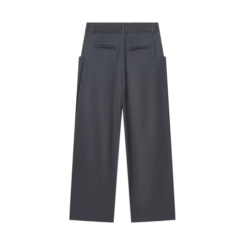 Dames High Waist Wijde Pijpen Rechte Broek Donkergrijs Polyester Pendelen Casual Werkbroek Veelzijdige Gedrapeerde Losse Onderkanten