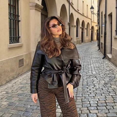 Fashion Women Faux Leather Jacket Double Breasted Short PU Coat With Tie Belt Retro Lapel Lantern Sleeve Casual Outerwear