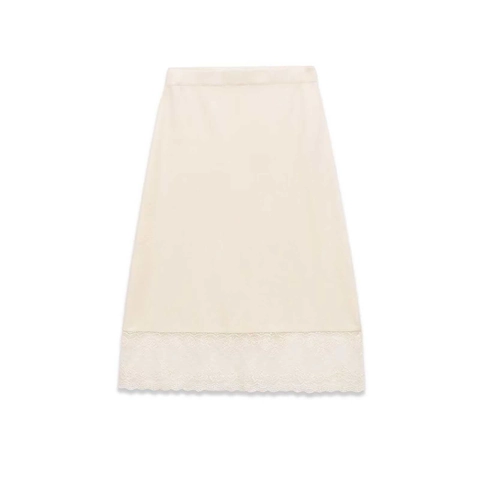 Women Elegant Lace Hem Mid-Length Skirt Elastic High Waist Solid Color Satin Look Half Slip Underwear Skirt