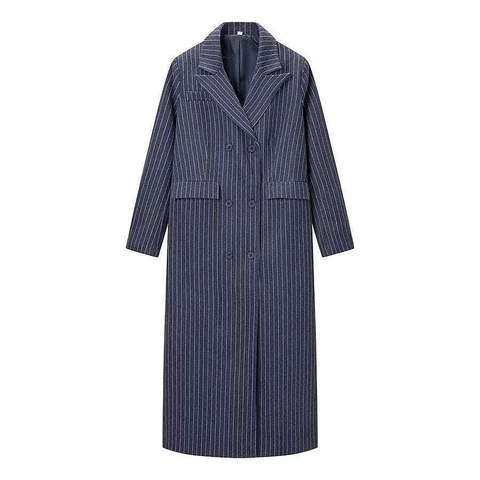Cappotto Lungo a Righe in Lana a Doppiopetto da Donna Casual Rever Gessato Soprabito Extra Lungo Moda Autunno Inverno Capispalla