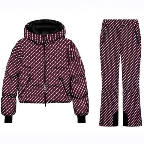 Dames Winter Skipak met Capuchon Donker Bourgondië Zigzag Patroon Dikke Warme Gewatteerde Jas en Broek Outdoor Sporten