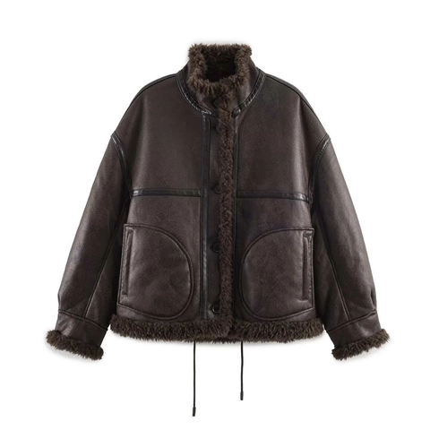 Giacca da Donna Invernale Vintage Oversize Reversibile in Ecopelle Con Finiture in Pelliccia Ecologica Collo Rialzato Bomber Caldo