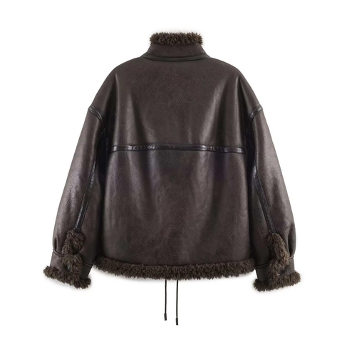 Giacca da Donna Invernale Vintage Oversize Reversibile in Ecopelle Con Finiture in Pelliccia Ecologica Collo Rialzato Bomber Caldo