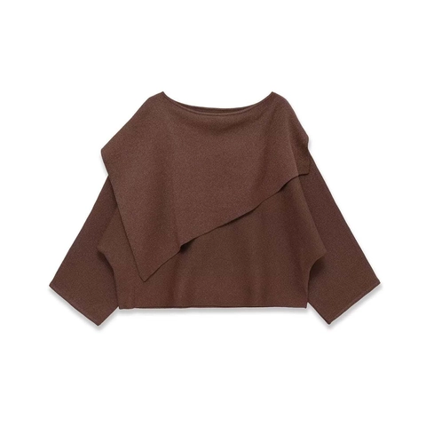 Women Asymmetric Layered Knit Top Boat Neck Solid Coffee Brown Elegant Pullover Sweater For Office Lady Casual Everyday Wear