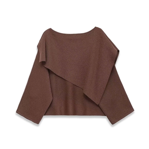 Women Asymmetric Layered Knit Top Boat Neck Solid Coffee Brown Elegant Pullover Sweater For Office Lady Casual Everyday Wear