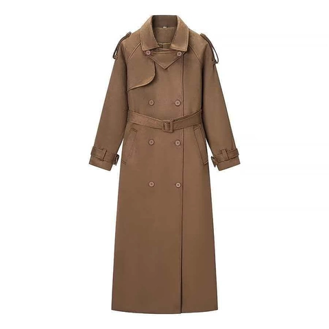 Dames Elegant Suède Lang Trenchcoat Double Breasted Met Riem Windjack Bovenkleding Voor Herfst Winter Camel Kantoor Woon-werkverkeer