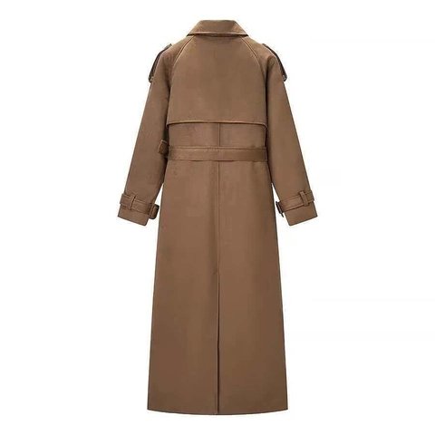 Dames Elegant Suède Lang Trenchcoat Double Breasted Met Riem Windjack Bovenkleding Voor Herfst Winter Camel Kantoor Woon-werkverkeer