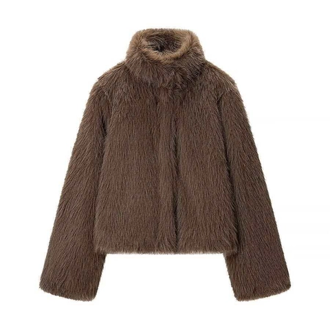 Women Elegant Deep Brown Faux Fur Short Jacket Stand Collar Long Sleeve Winter Warm Solid Color Outerwear Faux Fur Coat