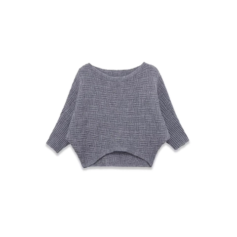 Suéter de Punto Casual para Mujer Textura Geométrica Cuello Redondo Manga Acampanada Gris Pullover Top de Moda de Otoño