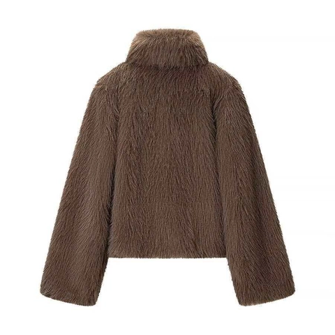 Women Elegant Deep Brown Faux Fur Short Jacket Stand Collar Long Sleeve Winter Warm Solid Color Outerwear Faux Fur Coat