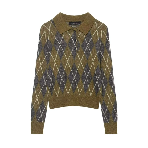 Suéter Polo de Punto Vintage Argyle para Mujer Manga Larga Verde Oliva Gris Plaid Pullover Casual Cálido Invierno Top