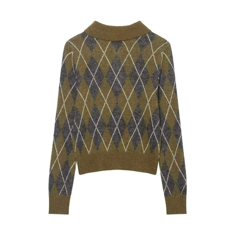 Suéter Polo de Punto Vintage Argyle para Mujer Manga Larga Verde Oliva Gris Plaid Pullover Casual Cálido Invierno Top
