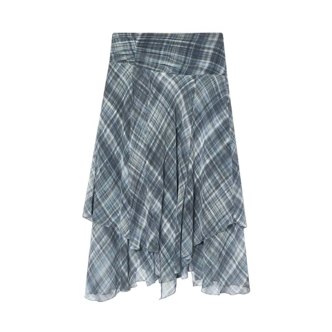 Damen Sommer Karo Asymmetrisch Lagen Midi Rock Blau Grau Gingham Chiffon Plissee Elegant Casual A-Linie Rock Für Damen