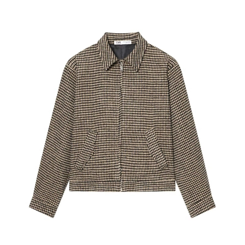 Chaqueta Bomber Vintage de Pata de Gallo para Mujer Con Hombreras Solapa Cremallera Ropa de Abrigo Casual Elegante Abrigo Otoño Invierno