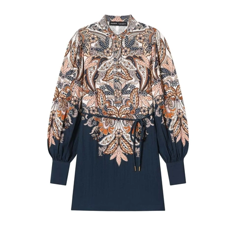Vrouwen Bohemian Paisley Print Patchwork Midi Overhemdjurk Lange Lantaarnmouwen Opstaande Kraag Tailleband Vintage Boho Jurk