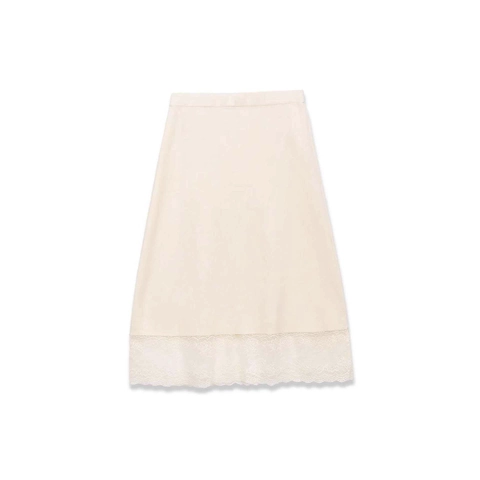 Women Elegant Lace Hem Mid-Length Skirt Elastic High Waist Solid Color Satin Look Half Slip Underwear Skirt