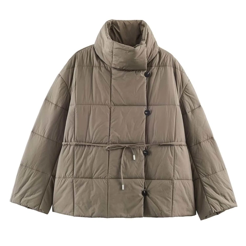 Veste Matelassée Décontractée pour Femme Col Montant Mi-Longue Cordon de Serrage à la Taille Manteau Rembourré en Coton Chaud