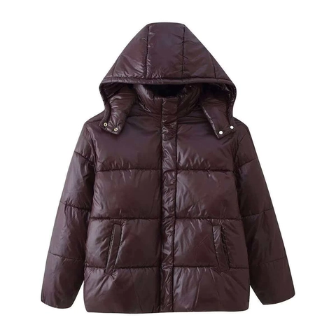 Women Winter Glossy Hooded Puffer Jacket Loose Warm Bread Coat Mid Length Outerwear Padded Quilted Jacket With Pockets