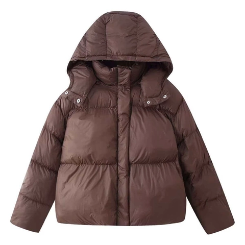 Women Winter Hooded Padded Jacket Deep Brown Quilted Puffer Coat Warm Long Sleeve Outerwear With Pockets Zipper Snap Button
