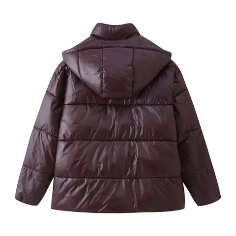 Women Winter Glossy Hooded Puffer Jacket Loose Warm Bread Coat Mid Length Outerwear Padded Quilted Jacket With Pockets