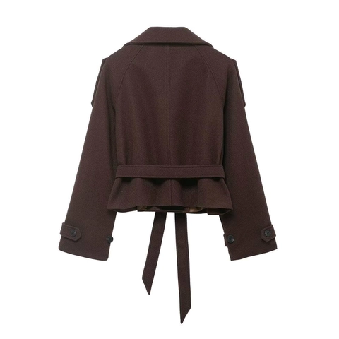 Abrigo Corto de Lana Elegante para Mujer Doble Botonadura con Cinturón Chaqueta con Solapa Color Sólido Moda Otoño Invierno