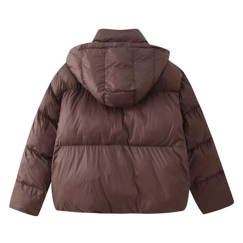 Women Winter Hooded Padded Jacket Deep Brown Quilted Puffer Coat Warm Long Sleeve Outerwear With Pockets Zipper Snap Button