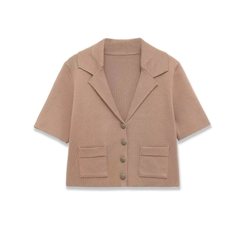 Cárdigan de Punto de Manga Corta Vintage para Mujer Solapa con Muescas Botonadura Sencilla Top de Punto Elegante Suéter