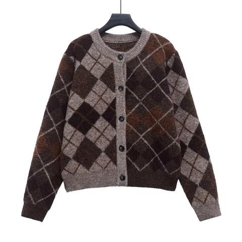 Women Vintage Argyle Knit Cardigan Sweater Round Neck Long Sleeve Button Up Fuzzy Plaid Knitted Top Outerwear