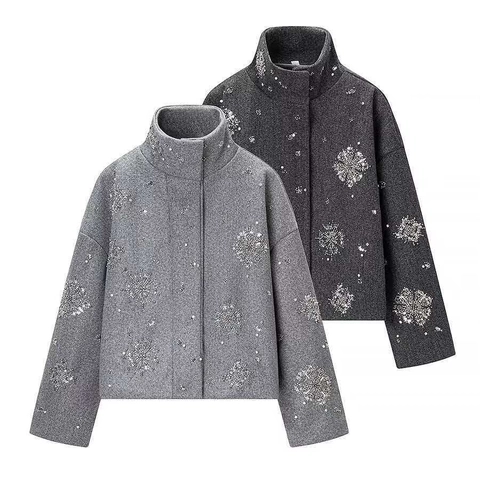 Damen Winter Wolljacke Casual Pailletten Schneeflocke Stickerei Mantel Elegant Stehkragen Mittellanger Mantel Oberbekleidung
